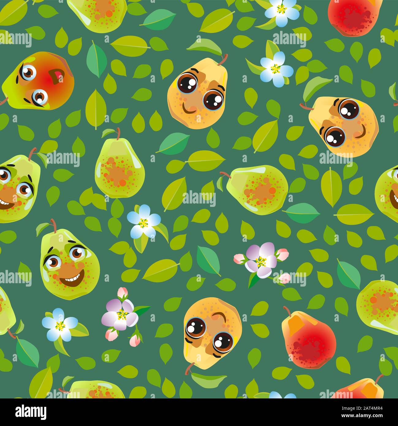 Cute seamless pattern with cartoon emoji fruits Stock Vector