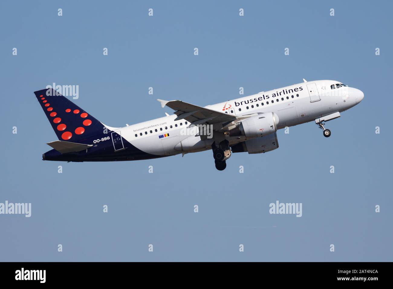 Budapest / Hungary - October 14, 2018: Brussels Airlines Airbus A319 OO-SSG passenger plane departure and take off at Budapest Airport Stock Photo