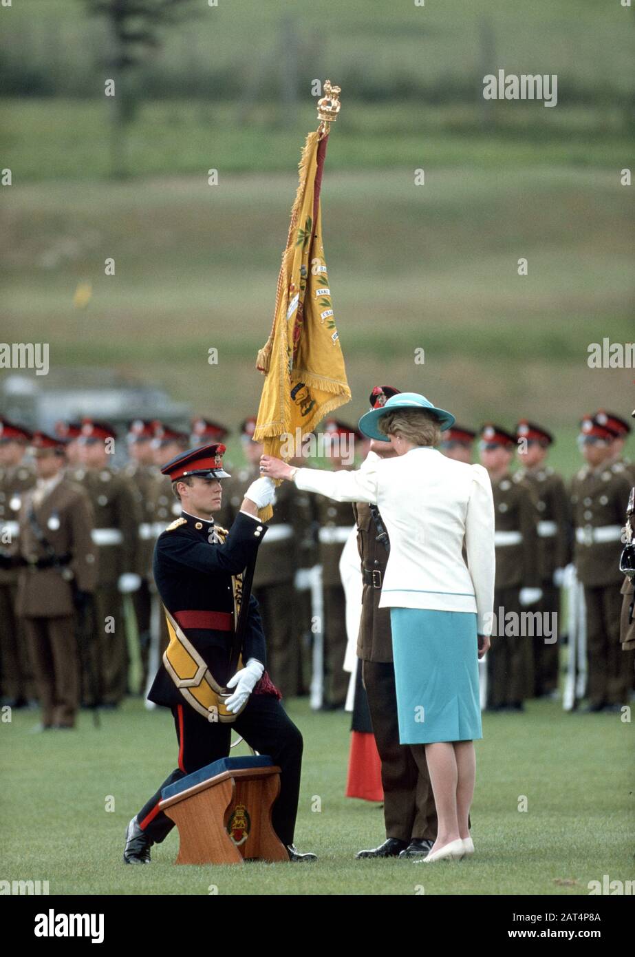 HRH Princess Diana as Colonel-in-Chief of the Royal Hampshire Regiment visits Tidworth barracks, England August 1986 Stock Photo