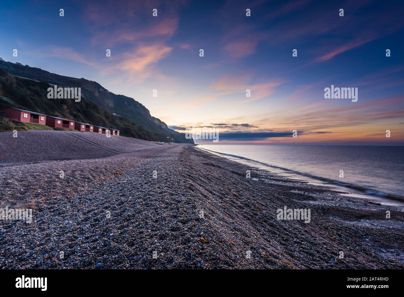 Just west of Beer is the small village of Branscombe seen here just before sunrise. Stock Photo