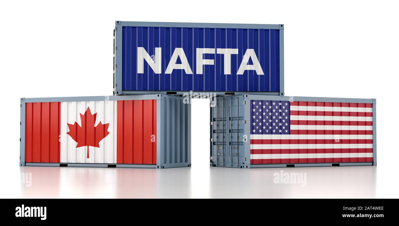 NAFTA - Freight container with USA and Canada national flag - 3d Rendering Stock Photo