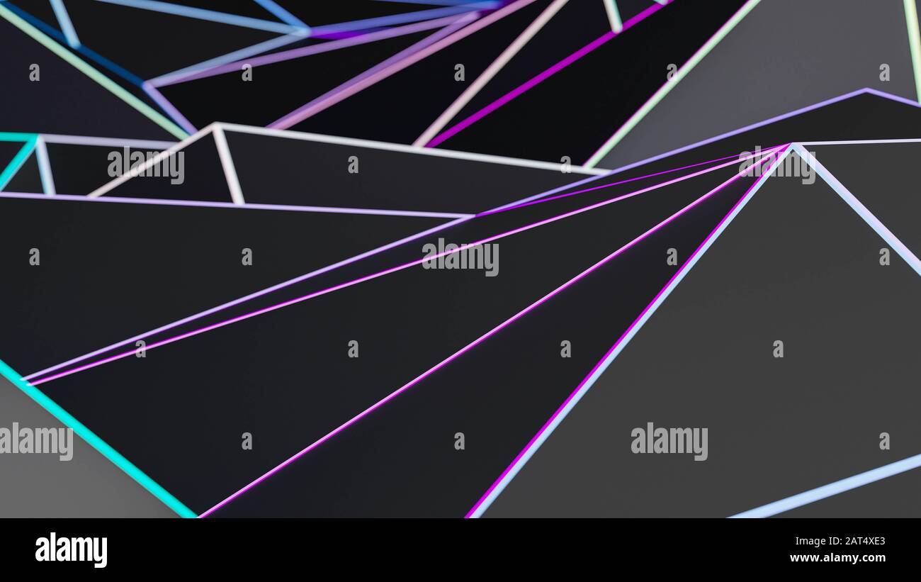 Abstract wallpaper, modern dark surface triangles with neon glowing ...