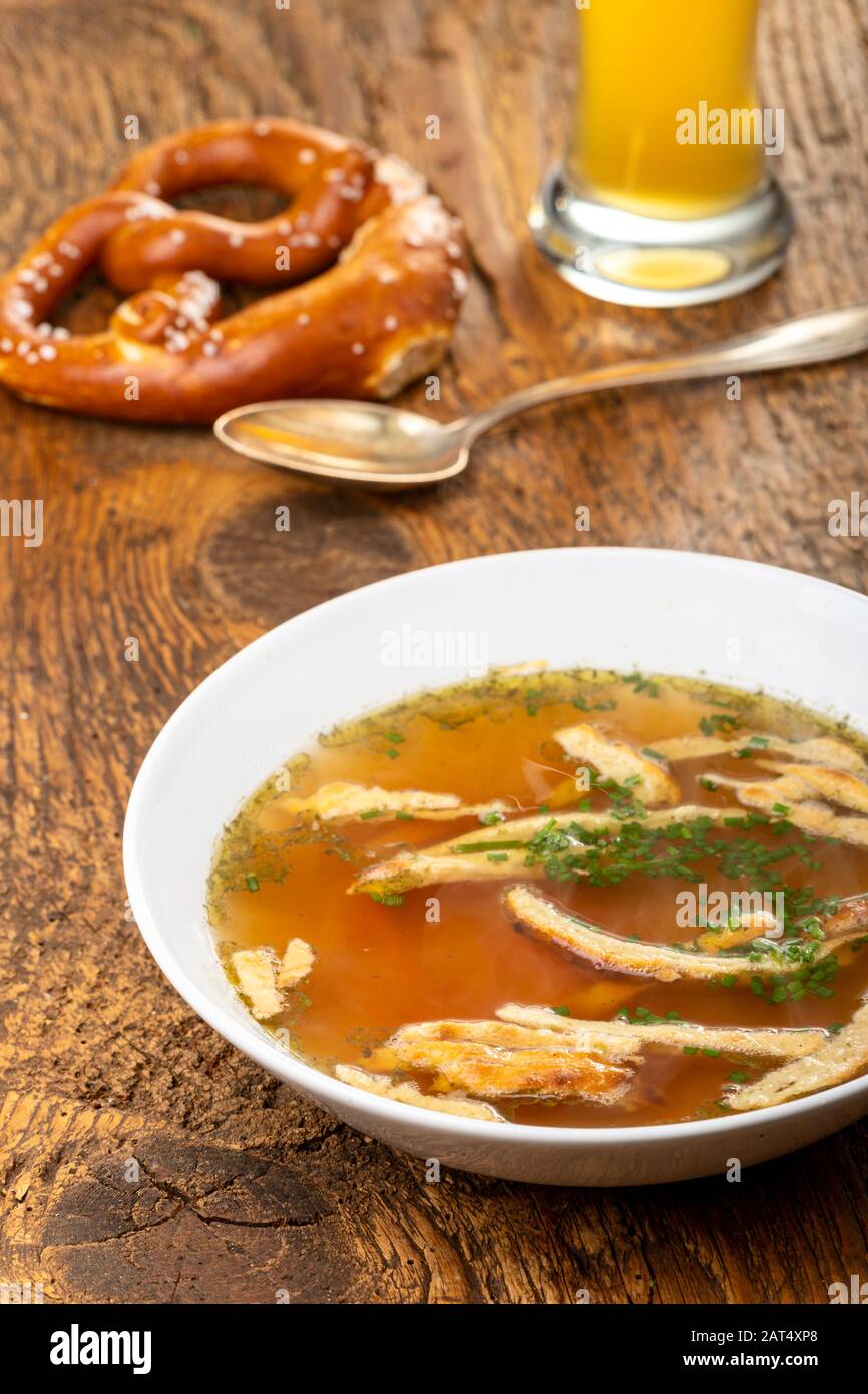 overview of a bavarian pancake soup Stock Photo