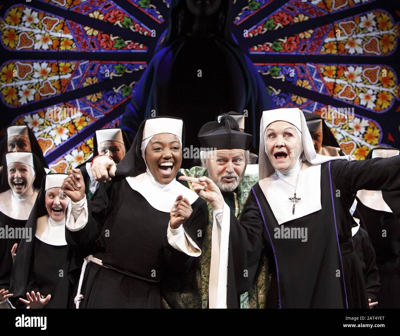 Patina Miller (as Sister Mary Clarence), Ian Lavender (as Monsignor Howard) and Sheila Hancock (as Mother Superior) in SISTER ACT at the London Palladium in 2009. Sheila Hancock, English actress and author, born 1933. Awarded an OBE in 1974 and a CBE in 2011. Stock Photo