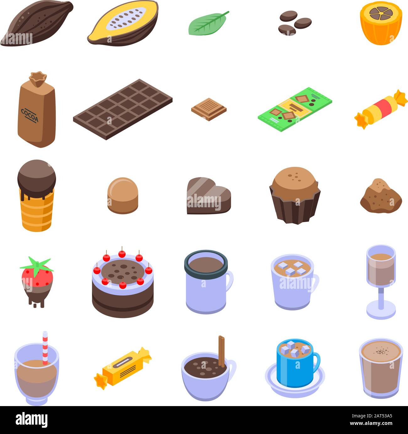 Cocoa icons set, isometric style Stock Vector