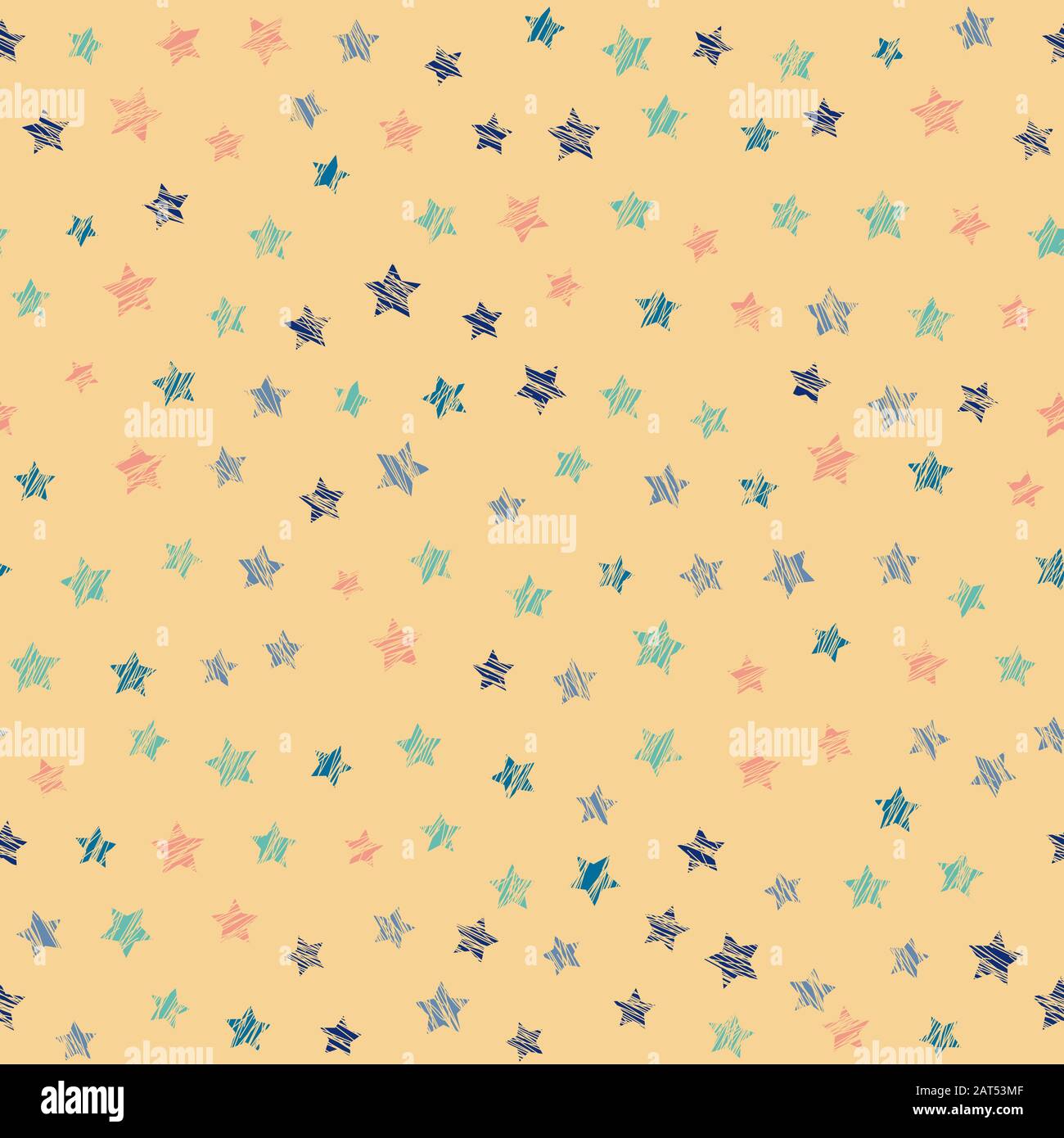 Star texture. Seamless pattern. Scatter. Noise backdrop. Variety of stars in bright colors. Colorful background for decoration or printing on fabric. Stock Vector