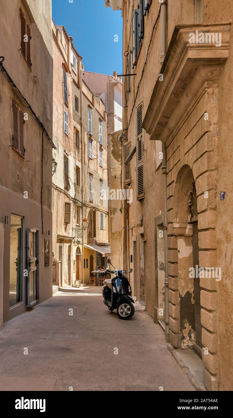 Medieval houses on street at Ville Haute (Upper Town) in Bonifacio, Corse-du-Sud, Corsica, France Stock Photo