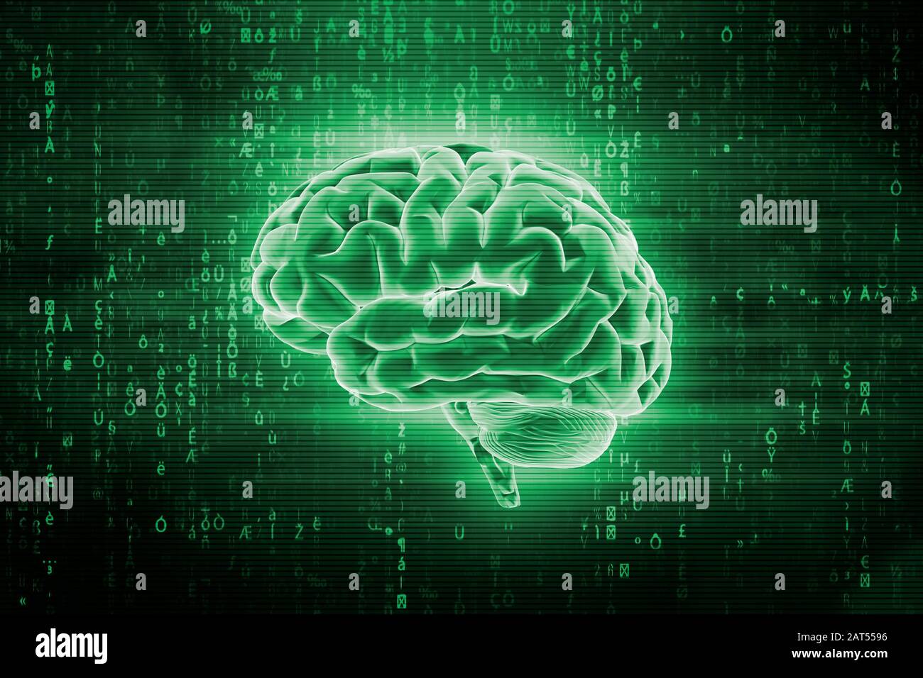 Human brain and computer or it code. Artificial intelligence or AI 3d rendering illustration. Stock Photo