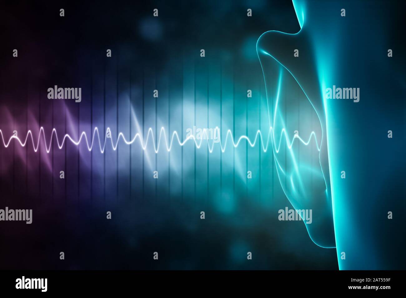 soundwave and equalizer bars with human ear. 3d rendering illustration with copy space. Sense of hearing, sound and music graphic concepts. Stock Photo