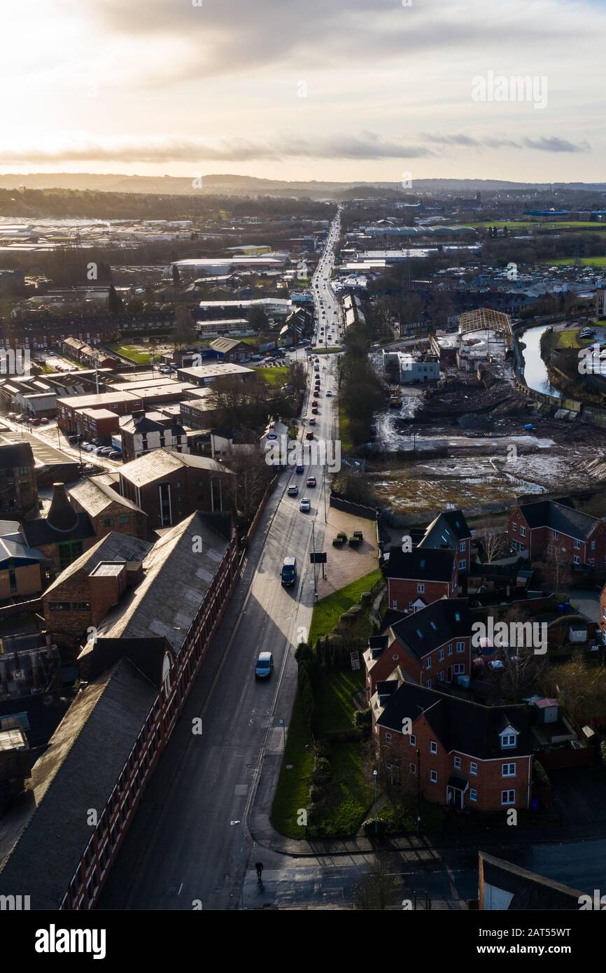 Aerial overhead views of Victoria road in Stoke on Trent, Vicky road, a poor area leading to the
