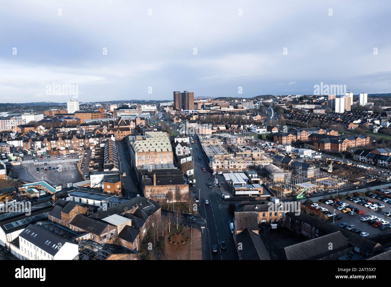 Aerial overhead views of Victoria road in Stoke on Trent, Vicky road, a