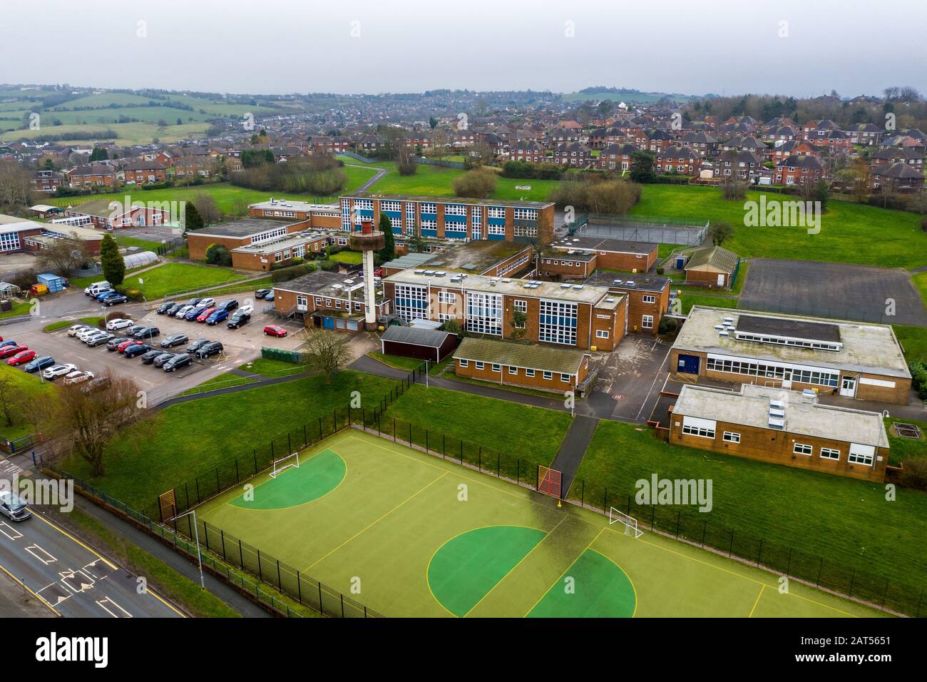Aerial view, footage of a council housing estate, flats, homes for the ever growing population, immigration and poor areas Stock Photo
