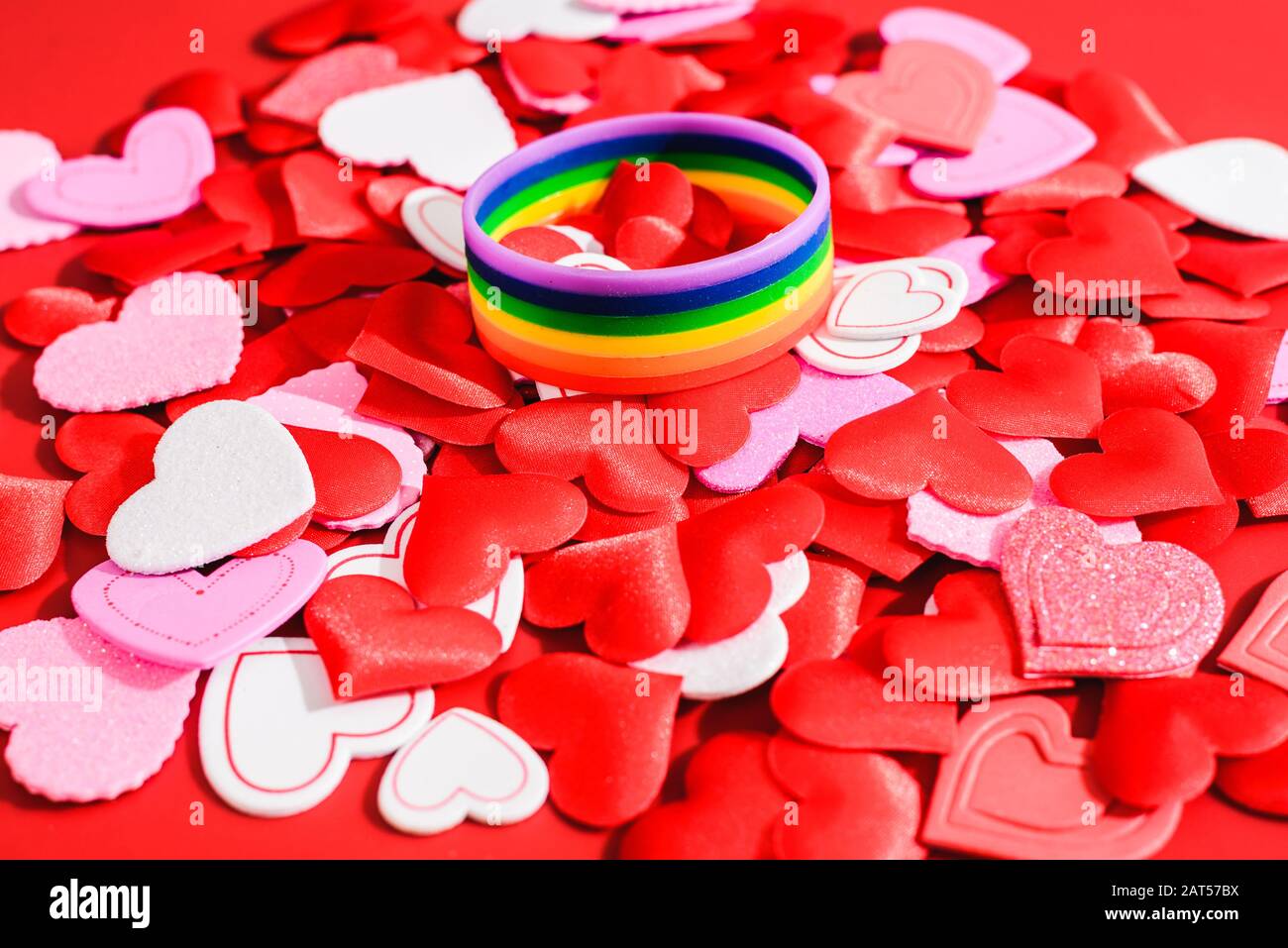 Romantic background for valentines of red hearts for gay couples in love. Stock Photo