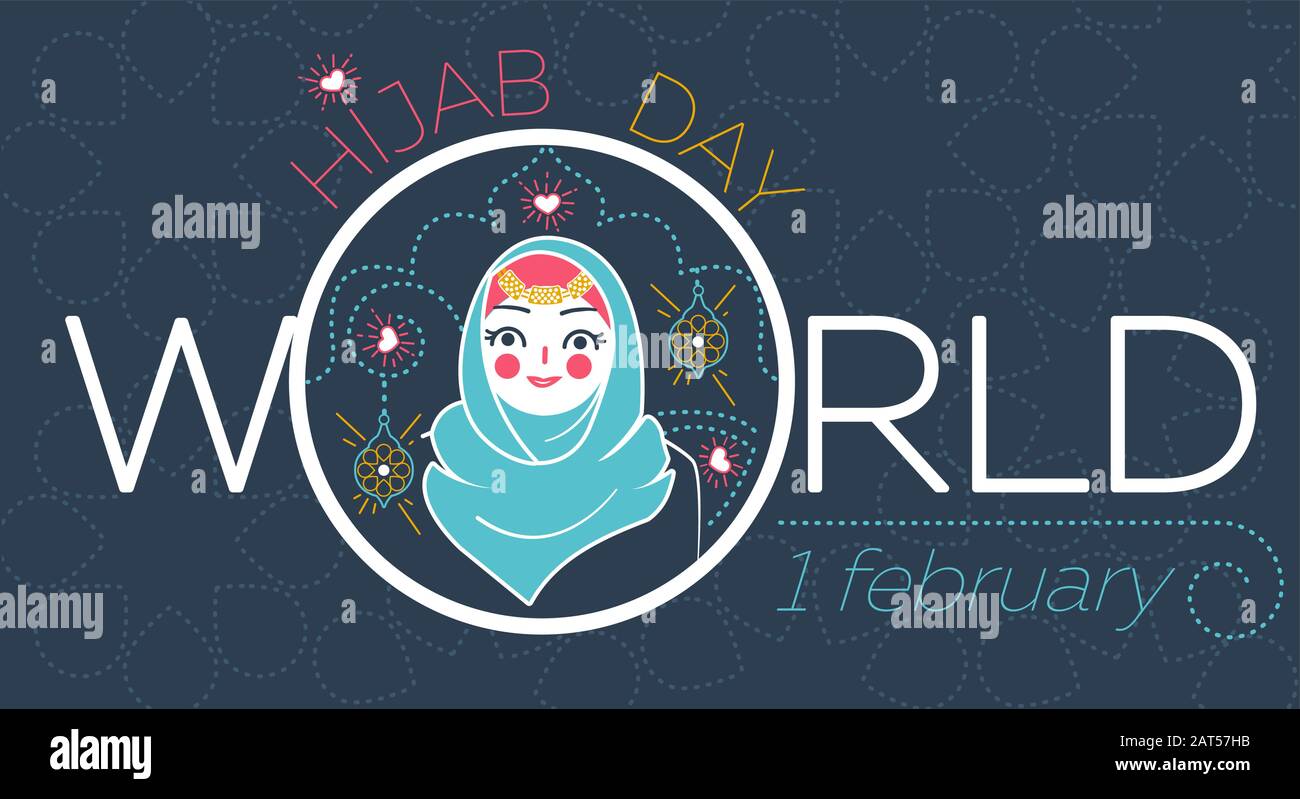 banner on World Hijab Day. Icon in the linear style Stock Vector