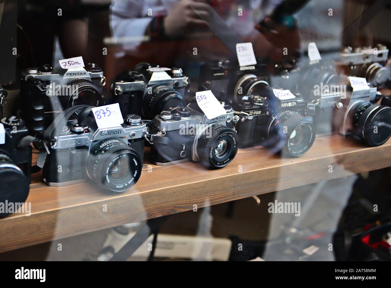 ISTANBUL, TURKEY - Sep 16, 2019: Old film cameras on display in a shop window. Stock Photo