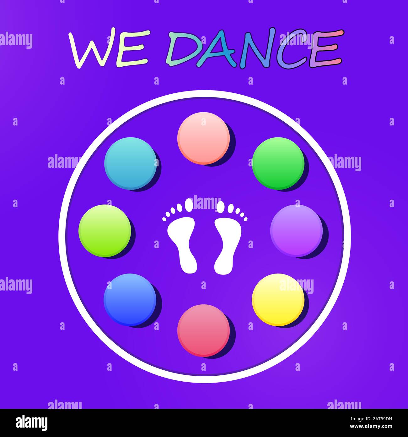 Colored fun dance circles children game with footprints vector card Stock Vector