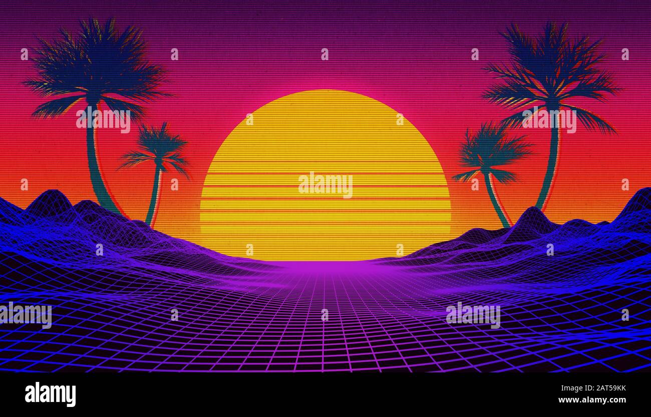 Retrowave Synthwave Or Vaporwave 80s Landscape With Neon Light Grid