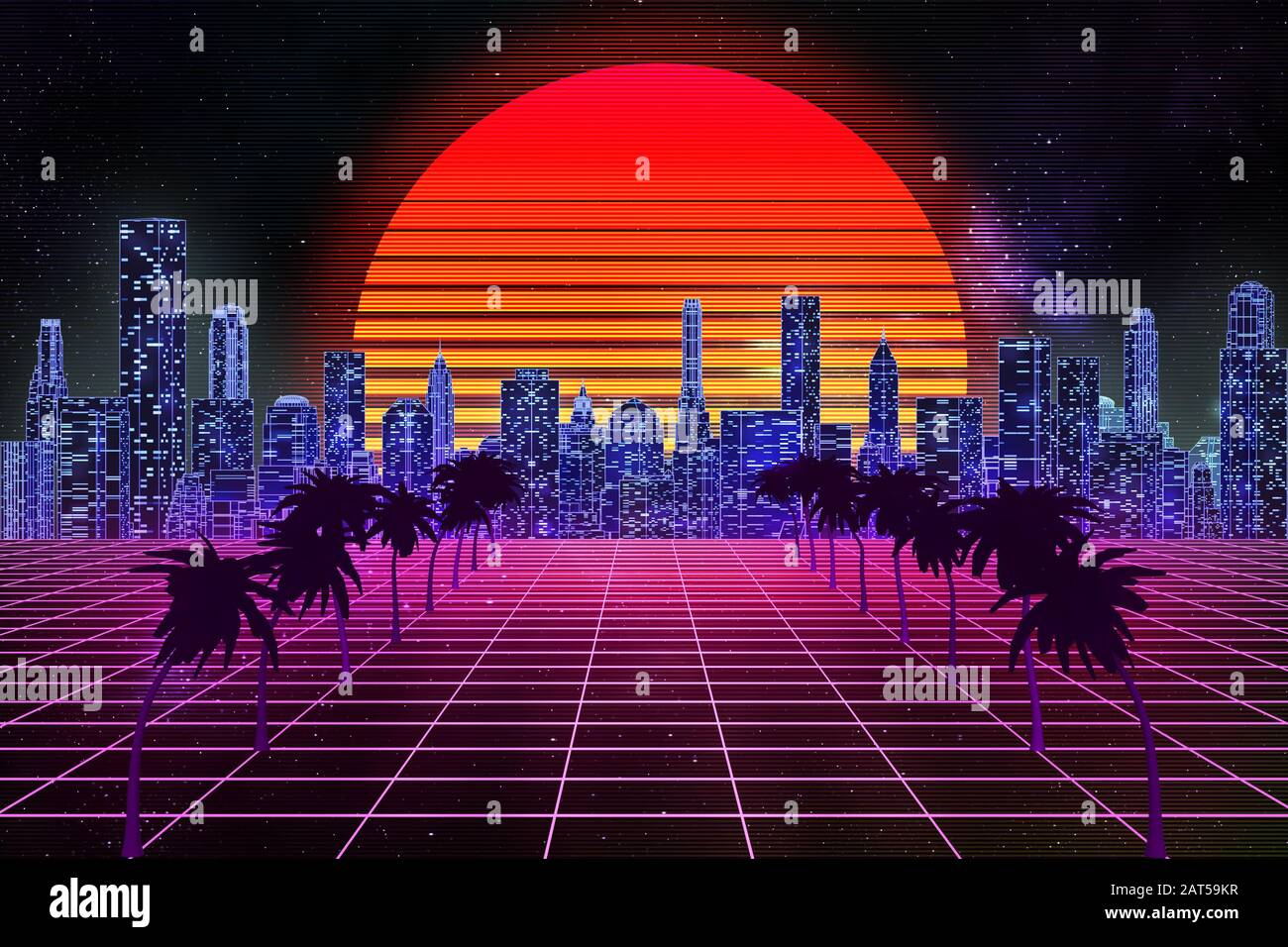 Retro Wave Synthwave Or Vaporwave Skyline Scenery Or Landscape At Night With Starry Sky And Sun 3d Rendering Abstract Illustration Arcade Gaming 80 Stock Photo Alamy