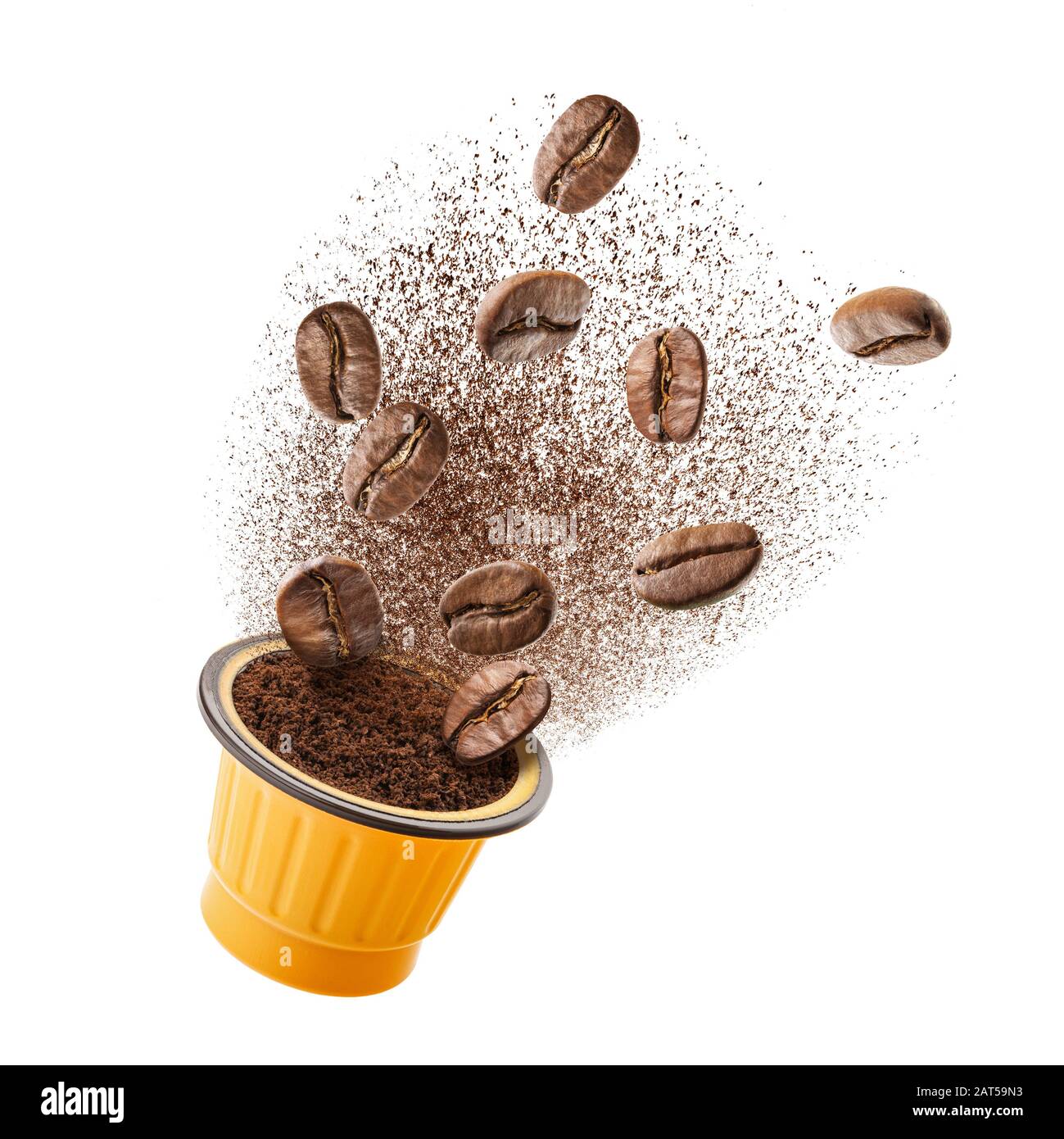 Exploded view of coffee grinder with roasted beans and leaves Stock Photo
