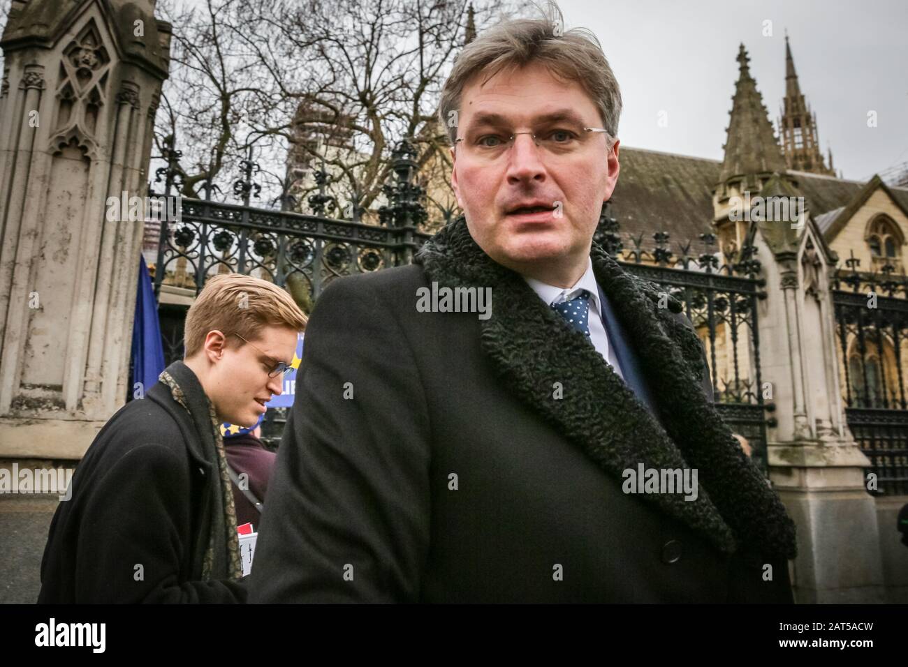 Westminster, London, 30th Jan 2020. Conservative MP and Brexiteer Daniel Kawczynski outside Parliament. Protesters from many pro European organisations, including Steve Bray's SODEM, Bath for Europe, Campaign to rejoin the EU and others have gathered outside Parliament in Westminster to celebrate the last full day Britain is inside the European Union Credit: Imageplotter/Alamy Live News Stock Photo