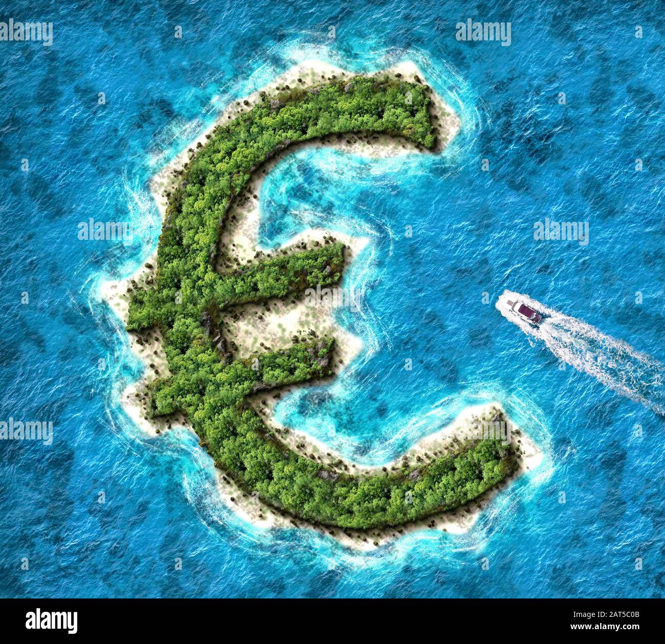 Euro shaped island. Tax haven concept for offshore bank accounts. Stock Photo