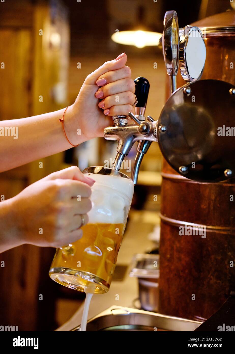 Vertical image close up view female barman hands pouring beer in mug, alcohol beverage served from a tap Stock Photo