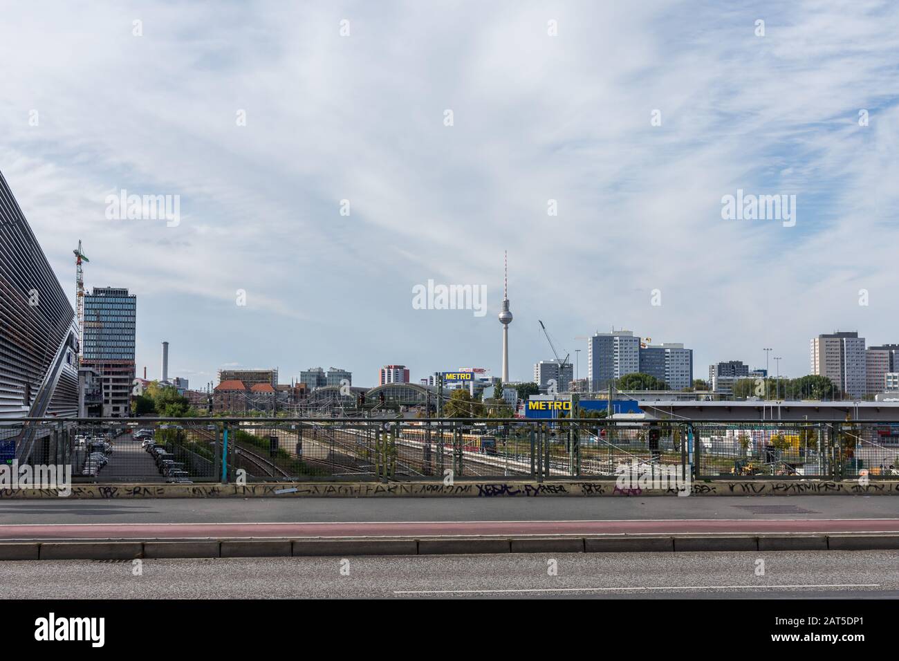 Berlin, Germany- October 6, 2019: view of the television tower from the Warsaw Bridge , Friedrichshain Stock Photo
