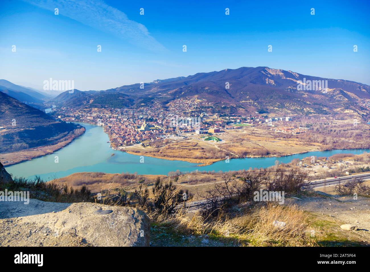 Georgia, Mtskheta, the confluence of the Kura and Aragvi rivers, a muddy and clear river. The view from the Jvari monastery. Caucasian mountains, mona Stock Photo