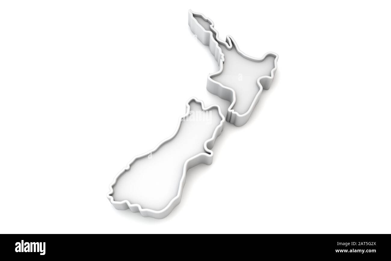 Simple white 3D map of New Zealand. 3D Rendering Stock Photo