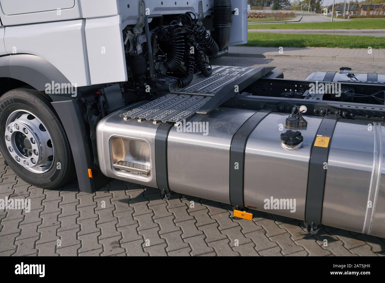 New vehicle. View of truck fuel tanks made of stainless steel Stock