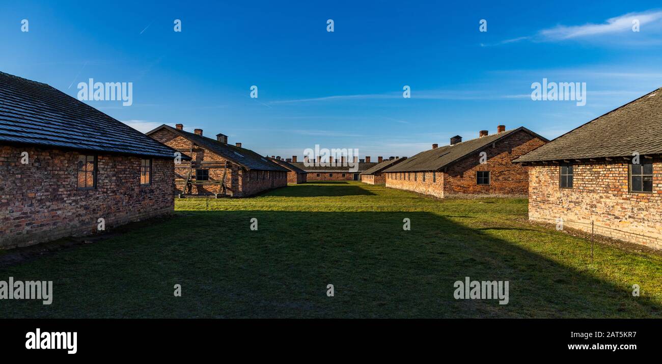 A picture of the barracks at Auschwitz II - Birkenau. Stock Photo