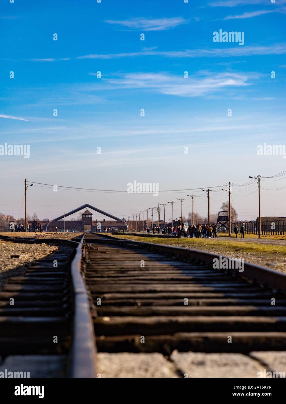 A picture of the railroad tracks at Auschwitz II - Birkenau. Stock Photo