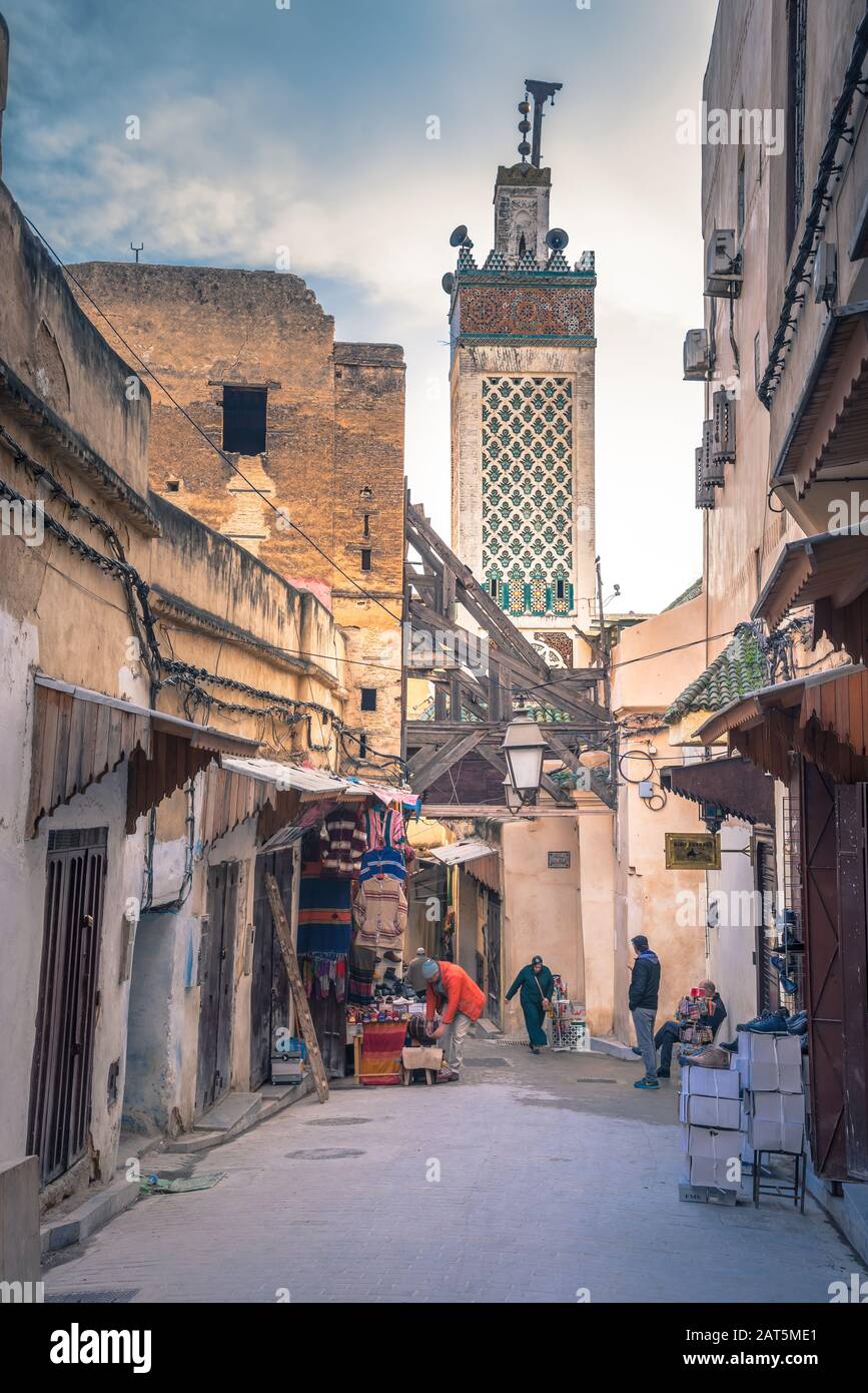 Moroccan market (souk) in the old town (medina) of Fes, Morocco Stock Photo