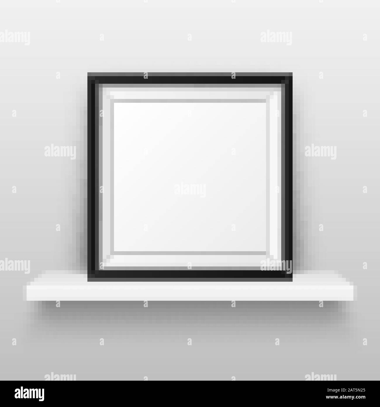 Realistic wall shelf with empty picture frame. Poster mockup for design
