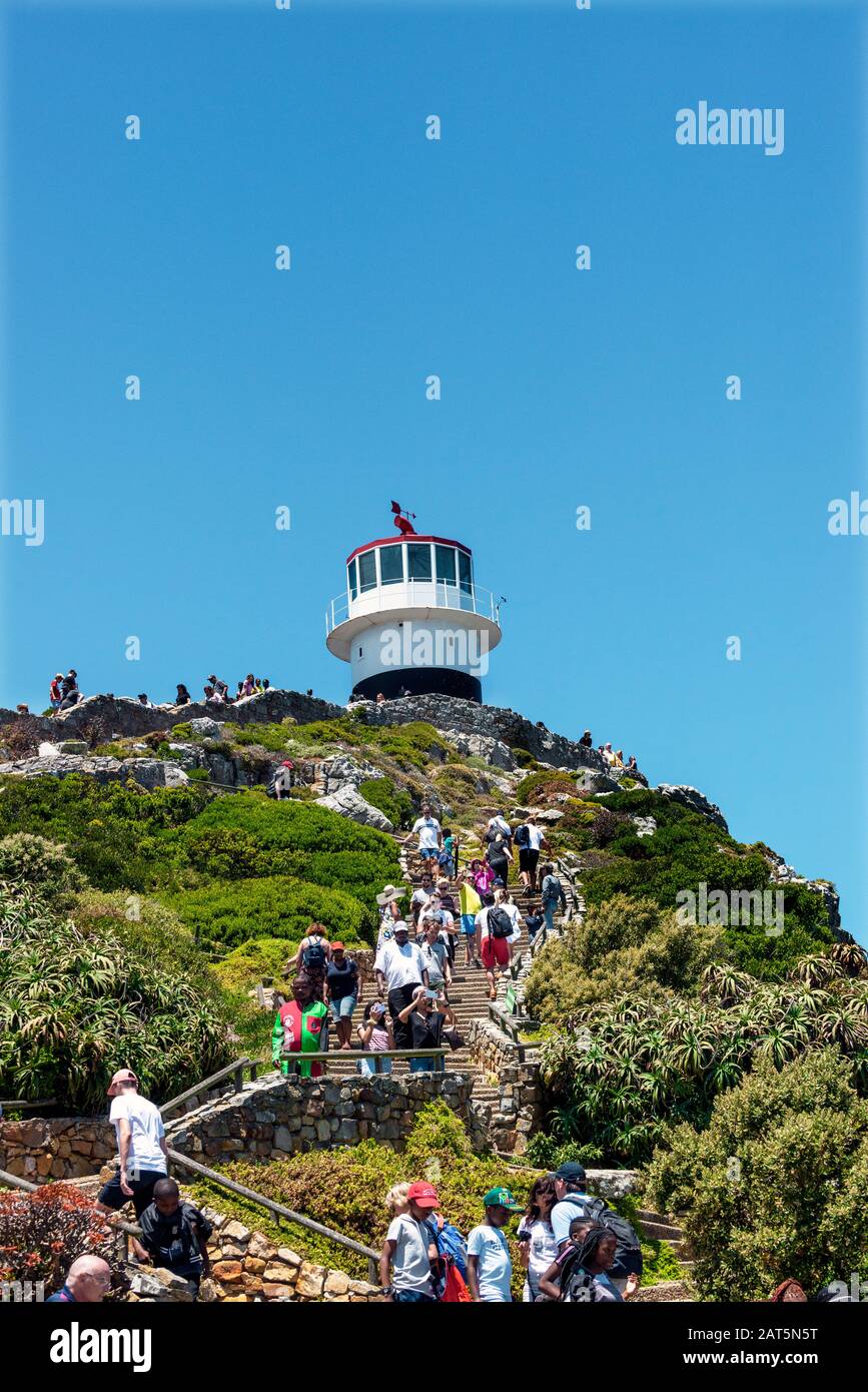 The old lighthouse at Cape Point, Cape of Good Hope,  Cape Point National Park part of Table Mountain National Park, South Africa Stock Photo