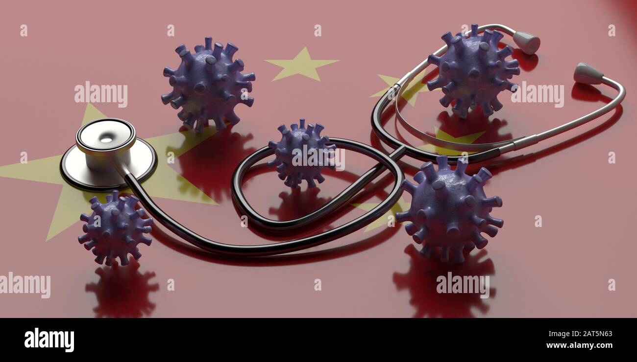 Flu coronavirus china virus pandemic infection, health care treatment concept. Medical stethoscope and virus strain on chinese flag background. 3d ill Stock Photo