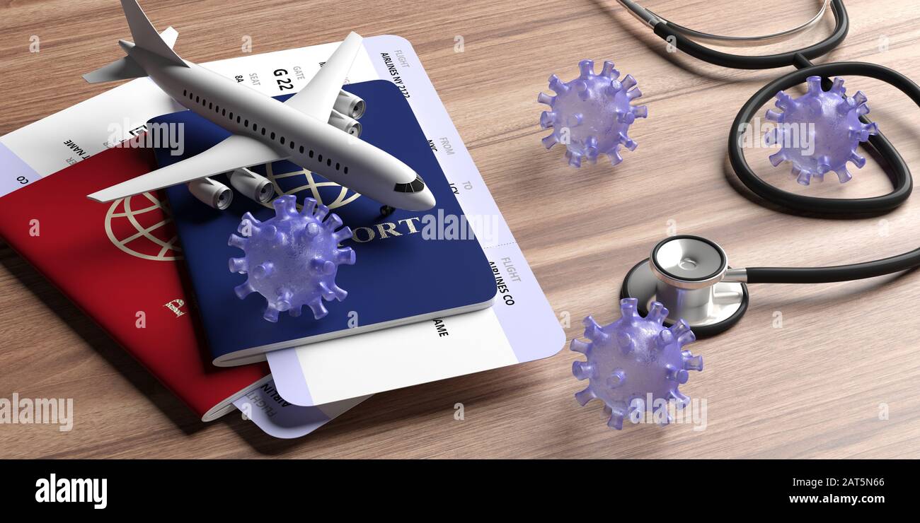 Flu coronavirus pandemic virus infection, travel and health concept. Medical stethoscope and travel documents on wood background. 3d illustration Stock Photo