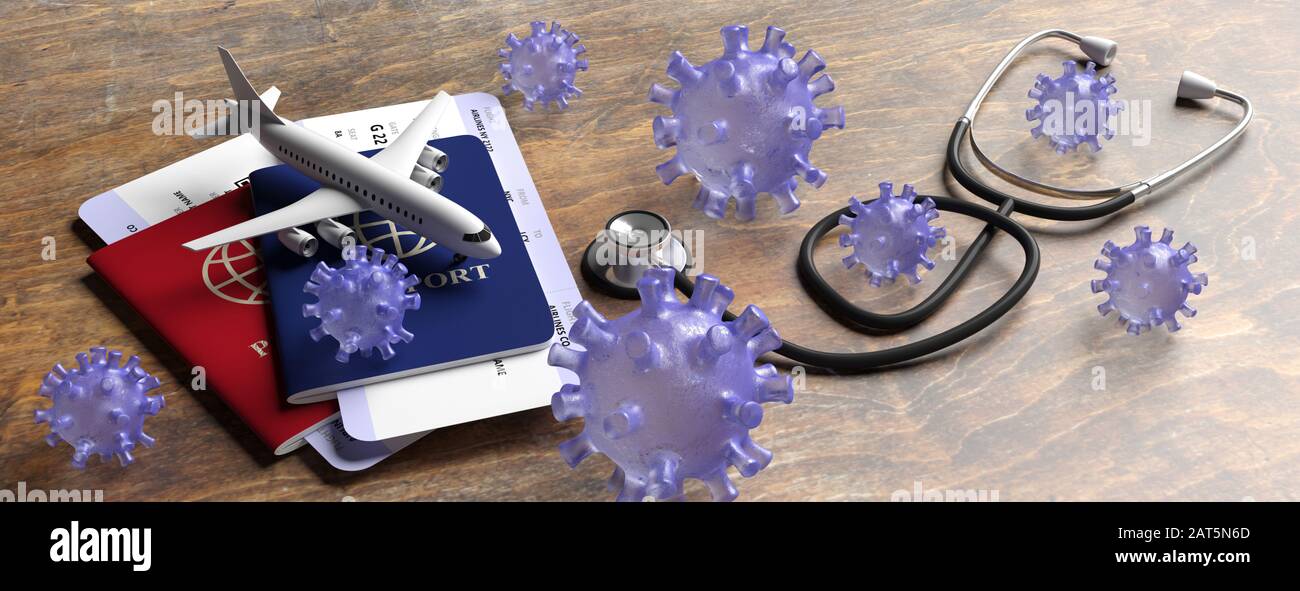 Flu coronavirus pandemic virus infection, travel and health concept. Medical stethoscope and travel documents on wood background, banner. 3d illustrat Stock Photo