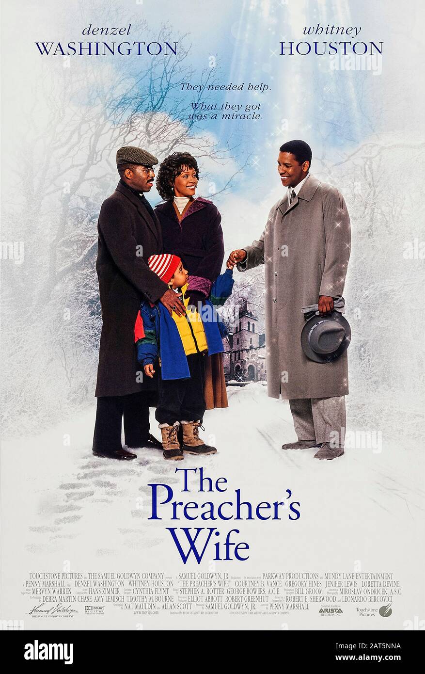 The Preacher's Wife (1996) directed by Penny Marshall and starring Denzel Washington, Whitney Houston, Courtney B. Vance and Justin Pierre Edmund. A preacher receives a heavenly assistant to help save his family and church. Stock Photo