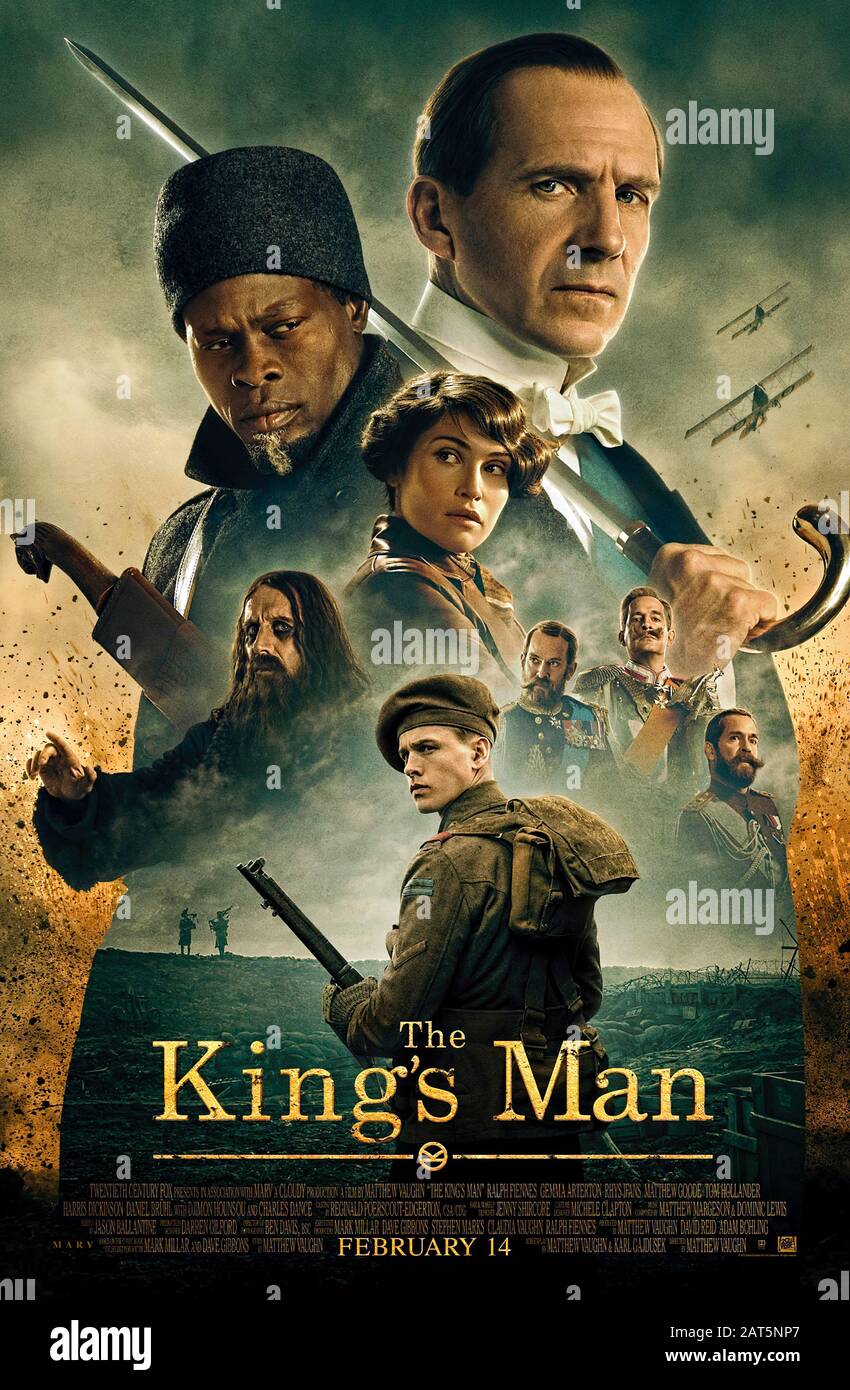 The King's Man (2020) directed by Matthew Vaughn and starring Ralph Fiennes, Gemma Arterton, Matthew Goode, Aaron Taylor-Johnson, Djimon Hounsou and Charles Dance. Prequel to the Kingsman films in which an assembly of history’s worst villains and criminal masterminds much be stopped before they kill millions. Stock Photo