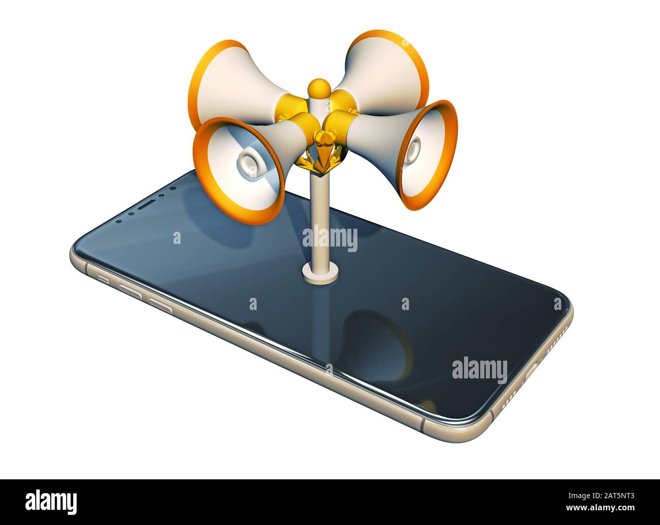 smartphone with group of megaphones isolated on white. 3d rendering