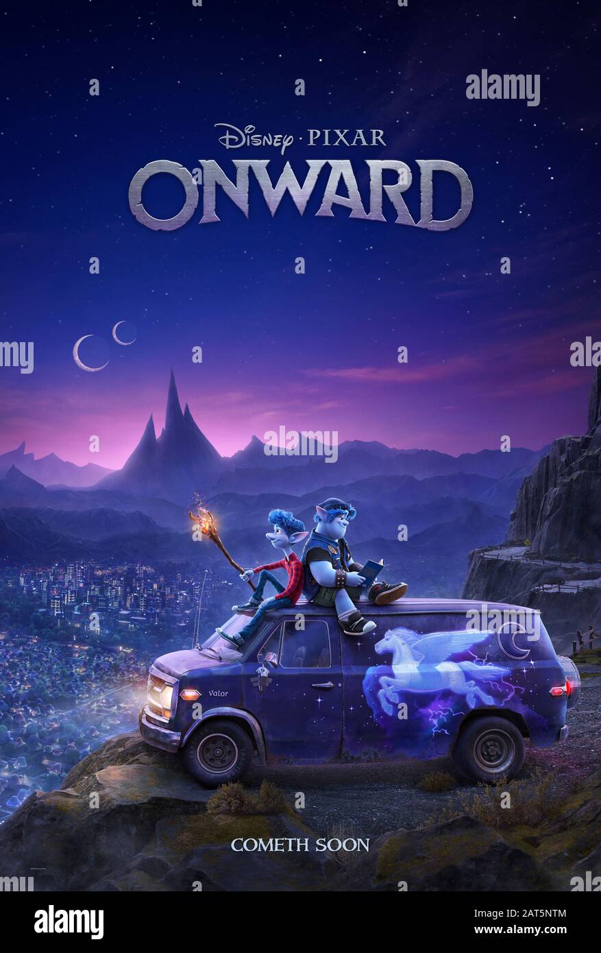 Onward (2020) directed by Dan Scanlon and starring Tom Holland, Chris Pratt, Octavia Spencer and Julia Louis-Dreyfus. Fantasy adventure about two elf brothers trying to find magic in suburbia. Stock Photo