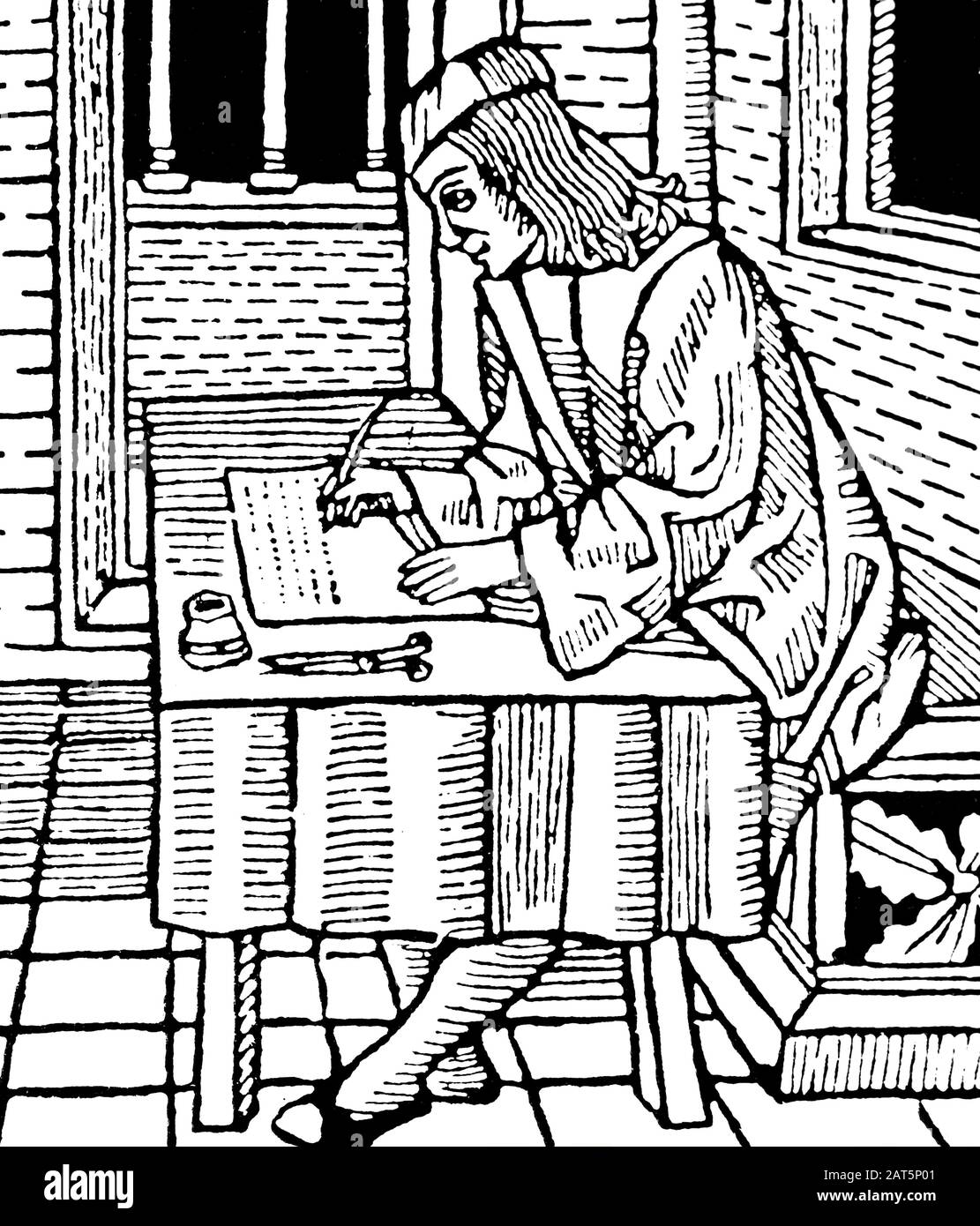 Diego de San Pedro (1437-1498). Castilian writer.  Prison of Love, 1492. Leriano writing a letter. Engraving. Stock Photo
