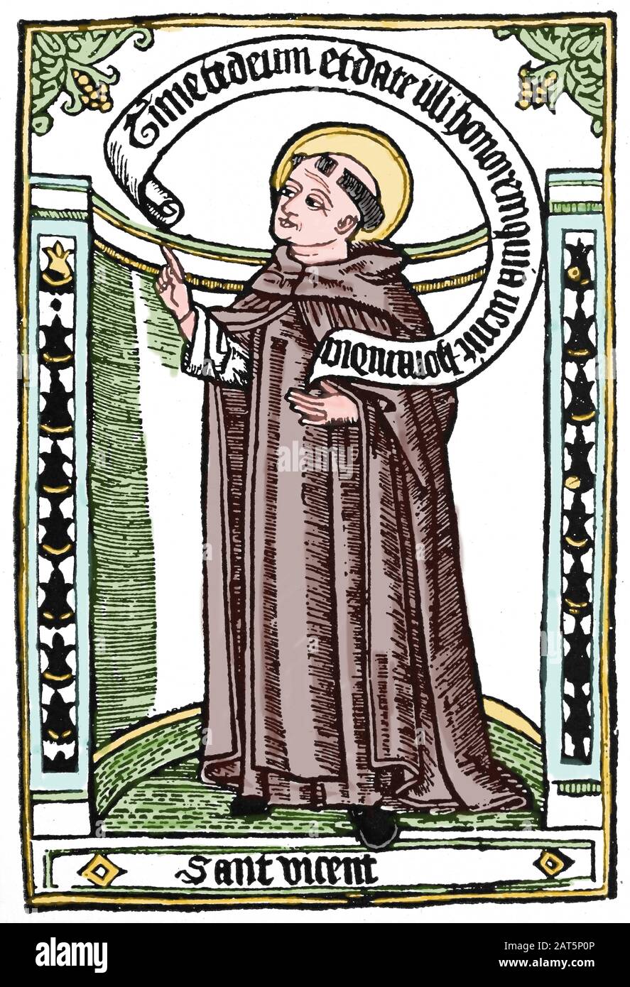 Saint Vincent Ferrer (1350-1413). Spanish Dominician friar. Engraving of a biography the saint of 1510. Stock Photo