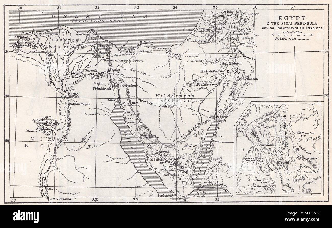 Vintage black and white map of Egypt and The Sinai Peninsula with the Journeyings of the Israelites Stock Photo