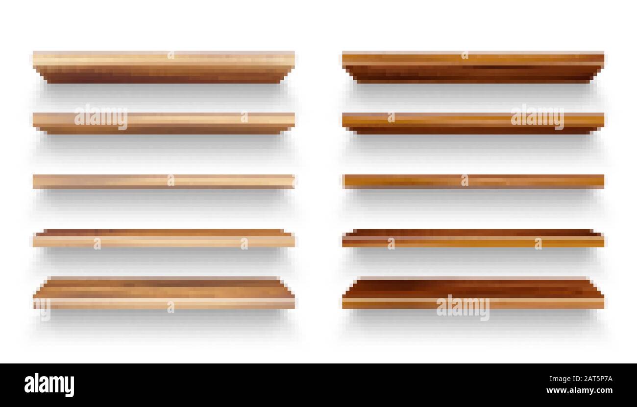Shoppping Rack Texture Realistic empty wooden store shelves set. Product shelf with wood ...