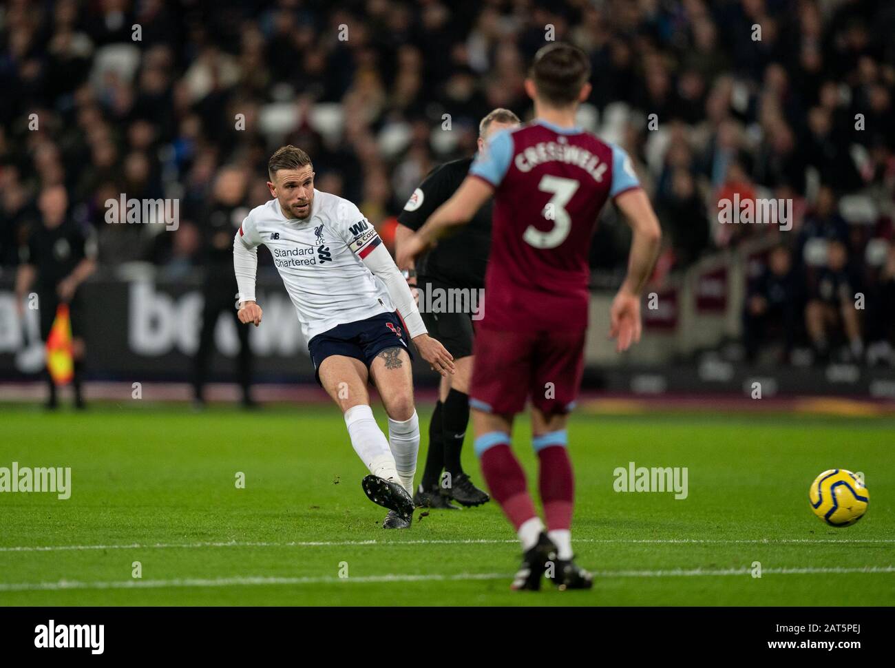 Jordan Henderson of Liverpool shot at goal during the Premier League match between West Ham United and Liverpool at the Olympic Park, London, England Stock Photo