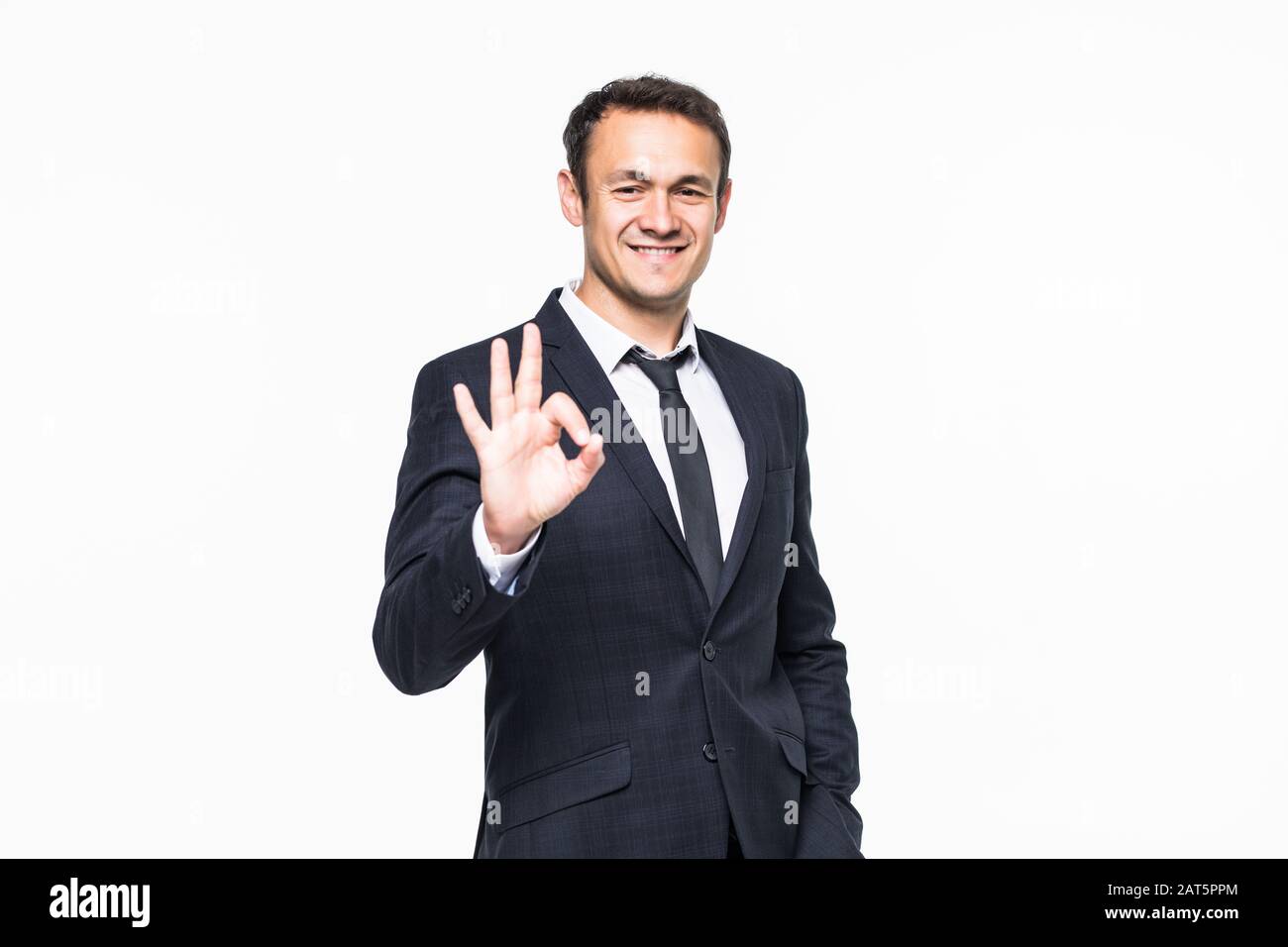 Happy businessman man okay sign - portrait on white background Stock ...