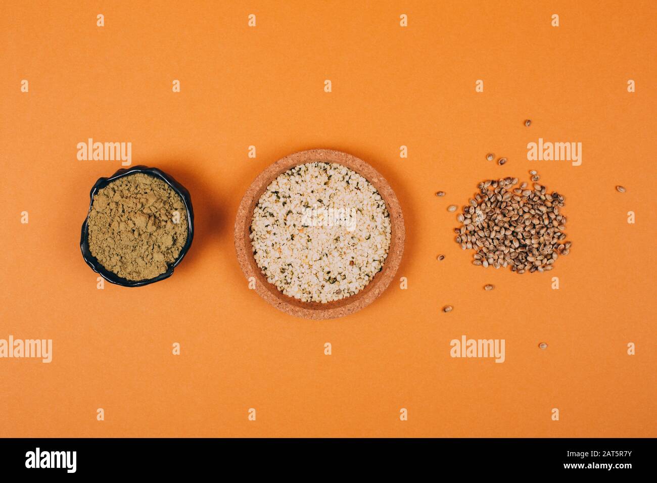 Different types of uses for hemp. Seeds, protein and powder. Flat lay