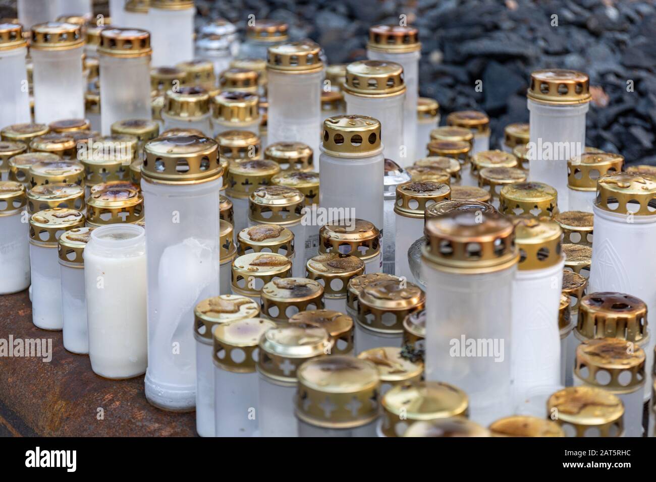Grave candles on the memorial for people buried elsewhere in Järvenpää, Finland Stock Photo